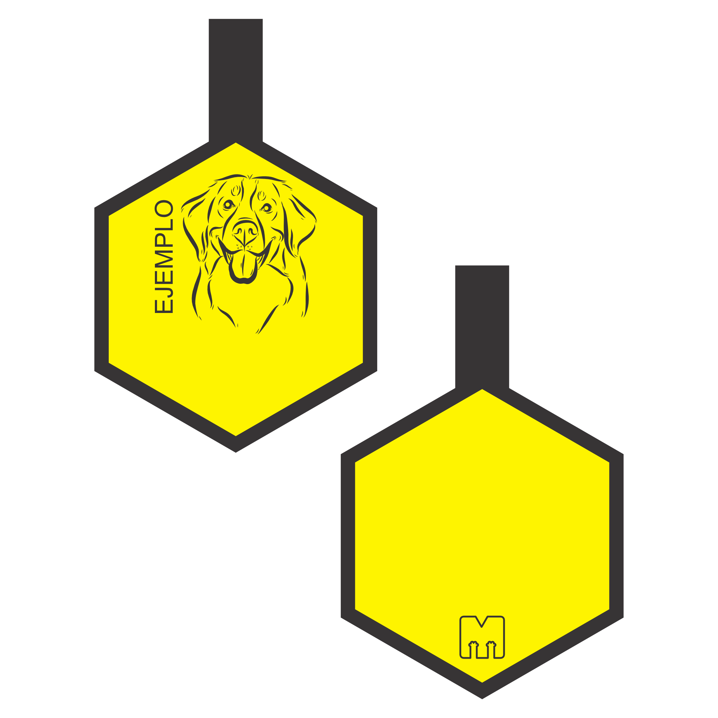 Placa de identificacion para mascotas amarilla con ilustracion personalizada en forma de hexagono