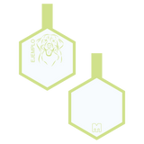 Placa de identificacion para mascotas amarilla con ilustracion personalizada en forma de hexagono