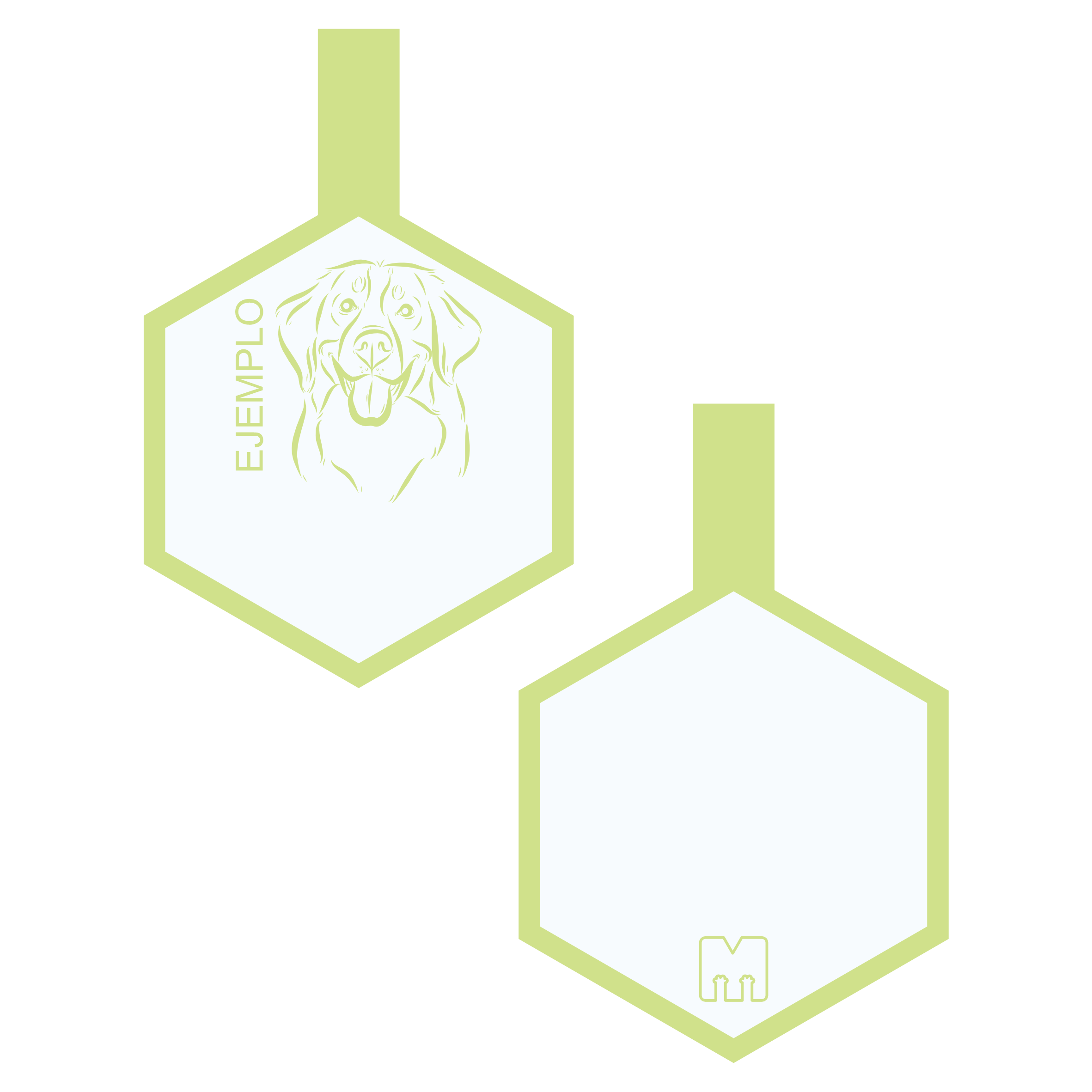 Placa de identificacion para mascotas amarilla con ilustracion personalizada en forma de hexagono