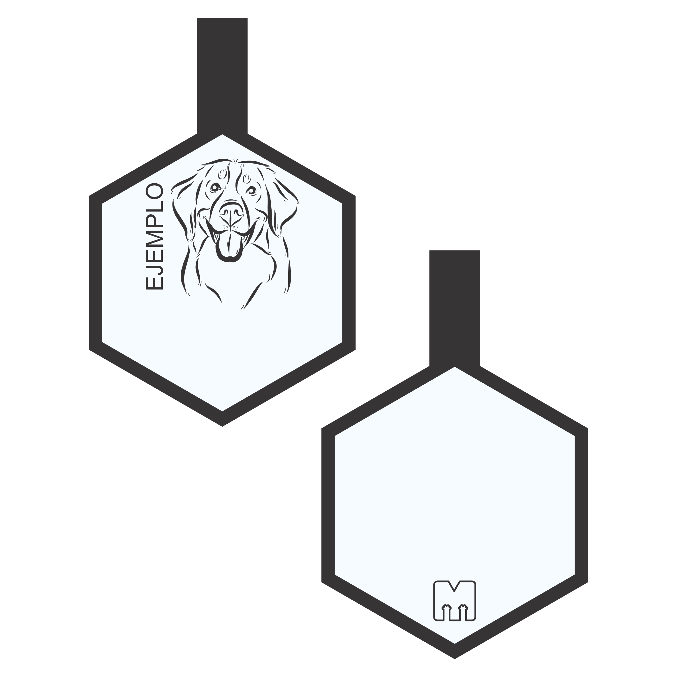 Placa de identificacion para mascotas blanca con ilustracion personalizada en forma de hexagono