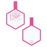 Placa de identificacion para mascotas rosada con ilustracion personalizada en forma de hexagono