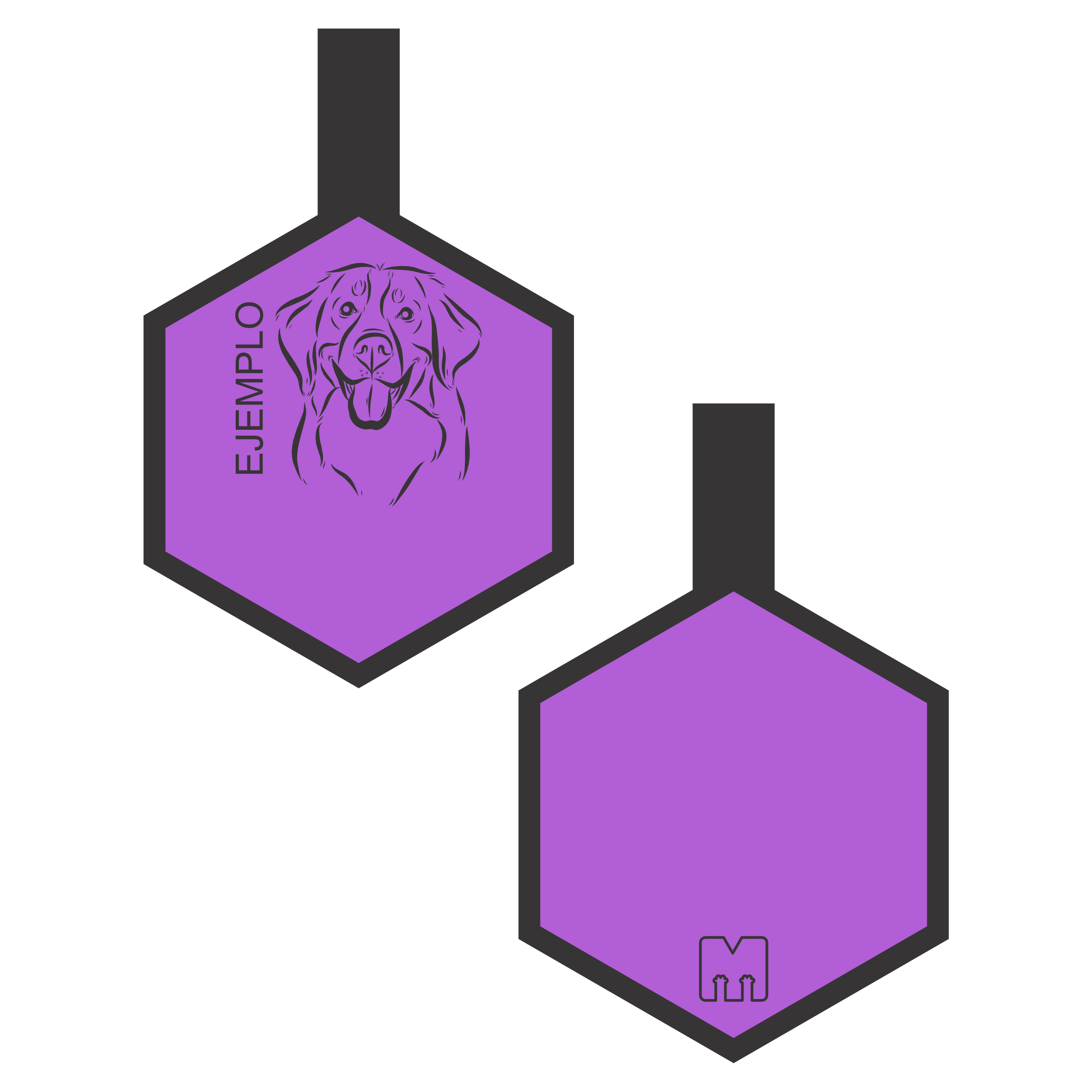 Placa de identificacion para mascotas morada con ilustracion personalizada en forma de hexagono