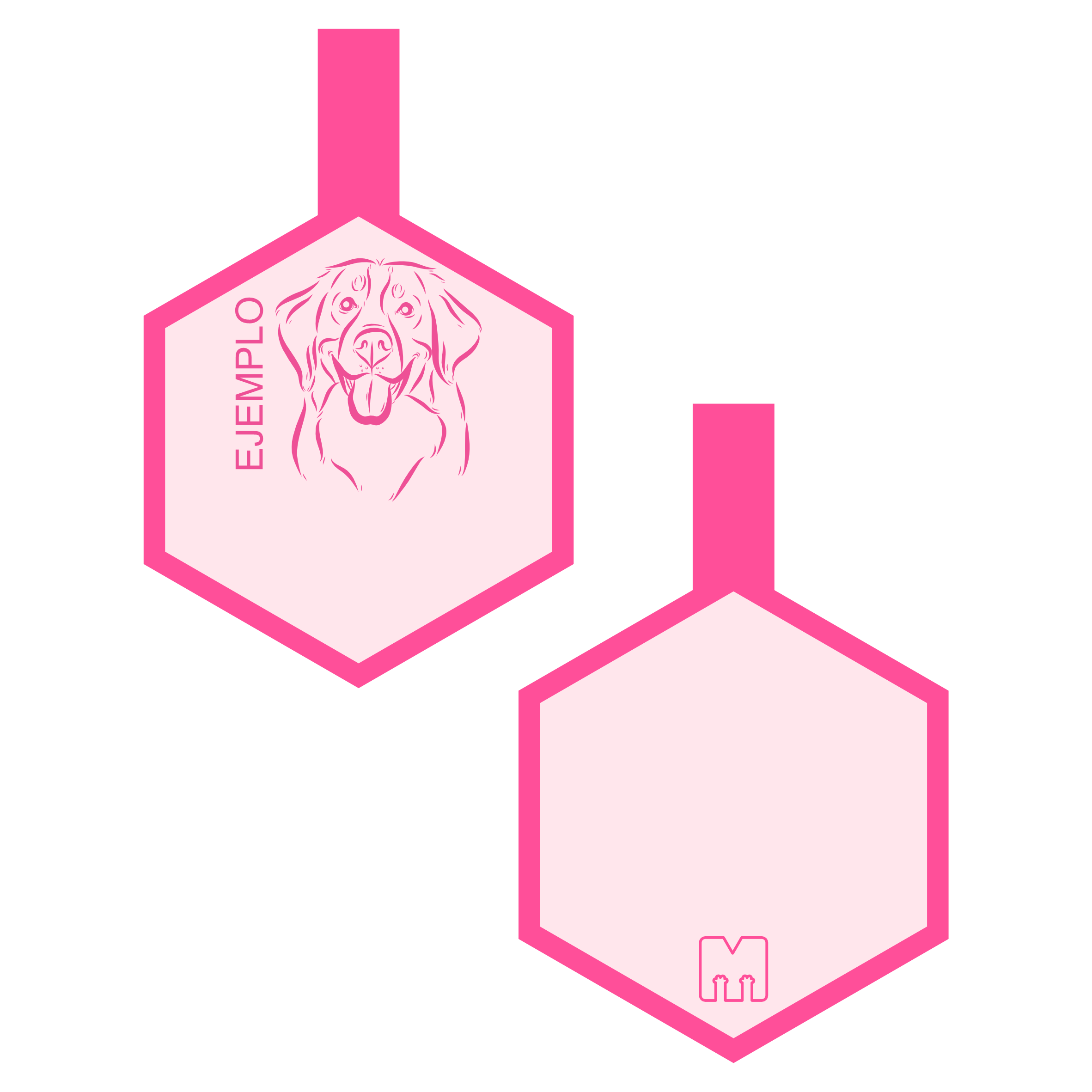 Placa de identificacion para mascotas rosada con ilustracion personalizada en forma de hexagono