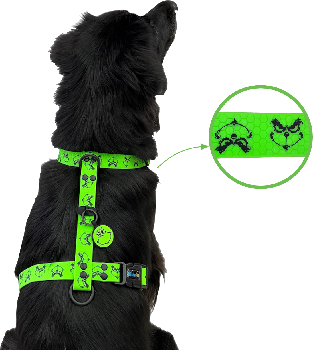 Arnes en H verde grinch para perros medianos y grandes