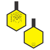 Placa de identificacion para mascotas amarilla con ilustracion personalizada en forma de hexagono