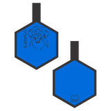 Placa de identificacion para mascotas azul con ilustracion personalizada en forma de hexagono.