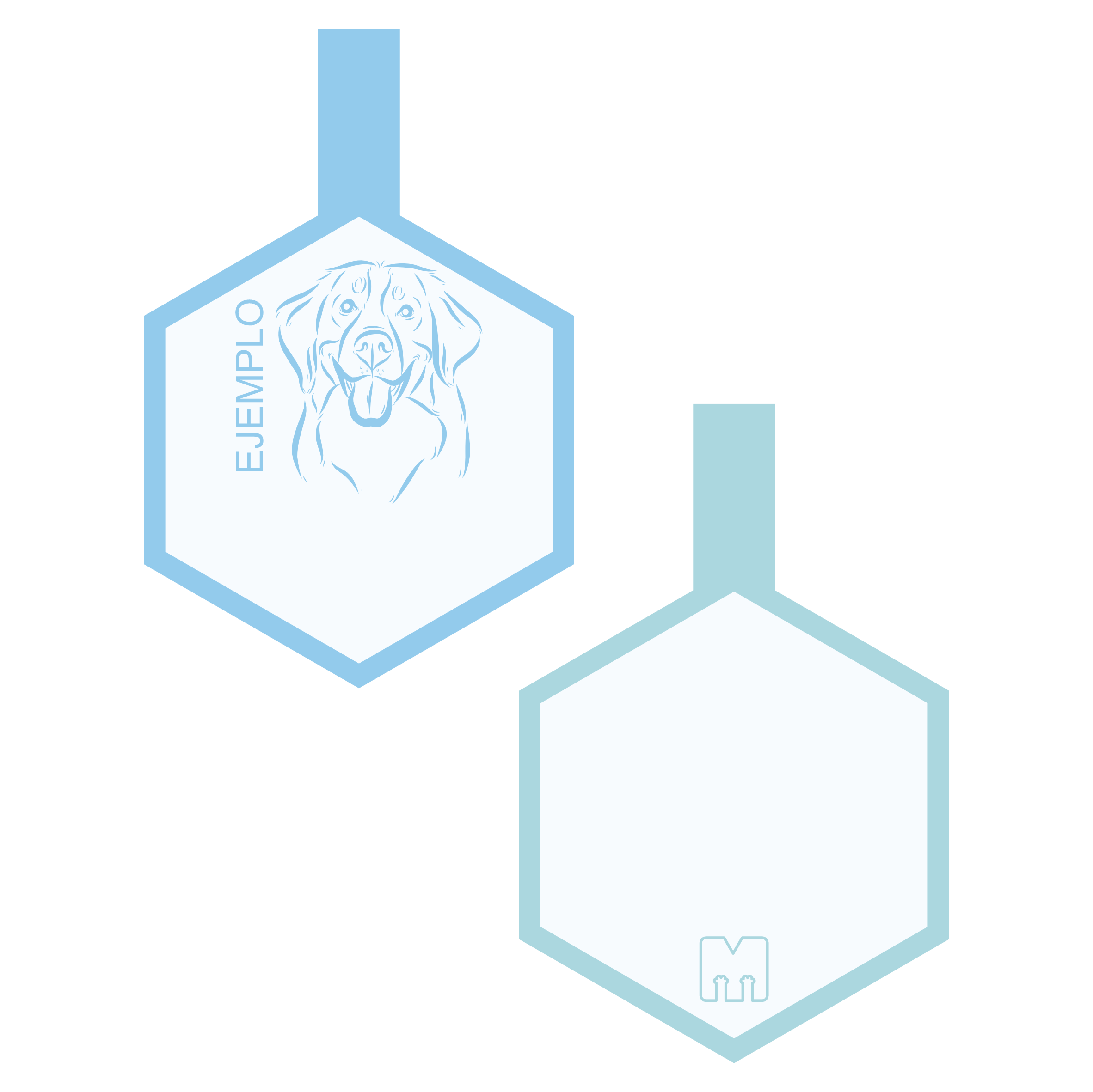 Placa de identificacion para mascotas azul con ilustracion personalizada en forma de hexagono