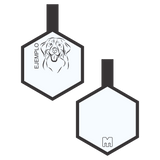 Placa de identificacion para mascotas blanca con ilustracion personalizada en forma de hexagono