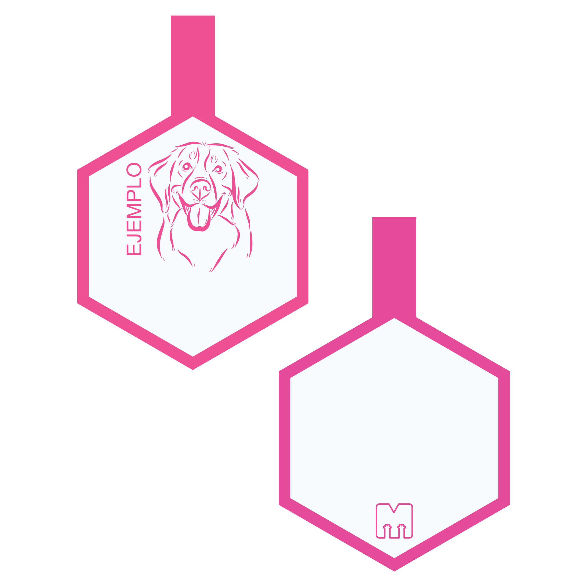 Placa de identificacion para mascotas rosada con ilustracion personalizada en forma de hexagono