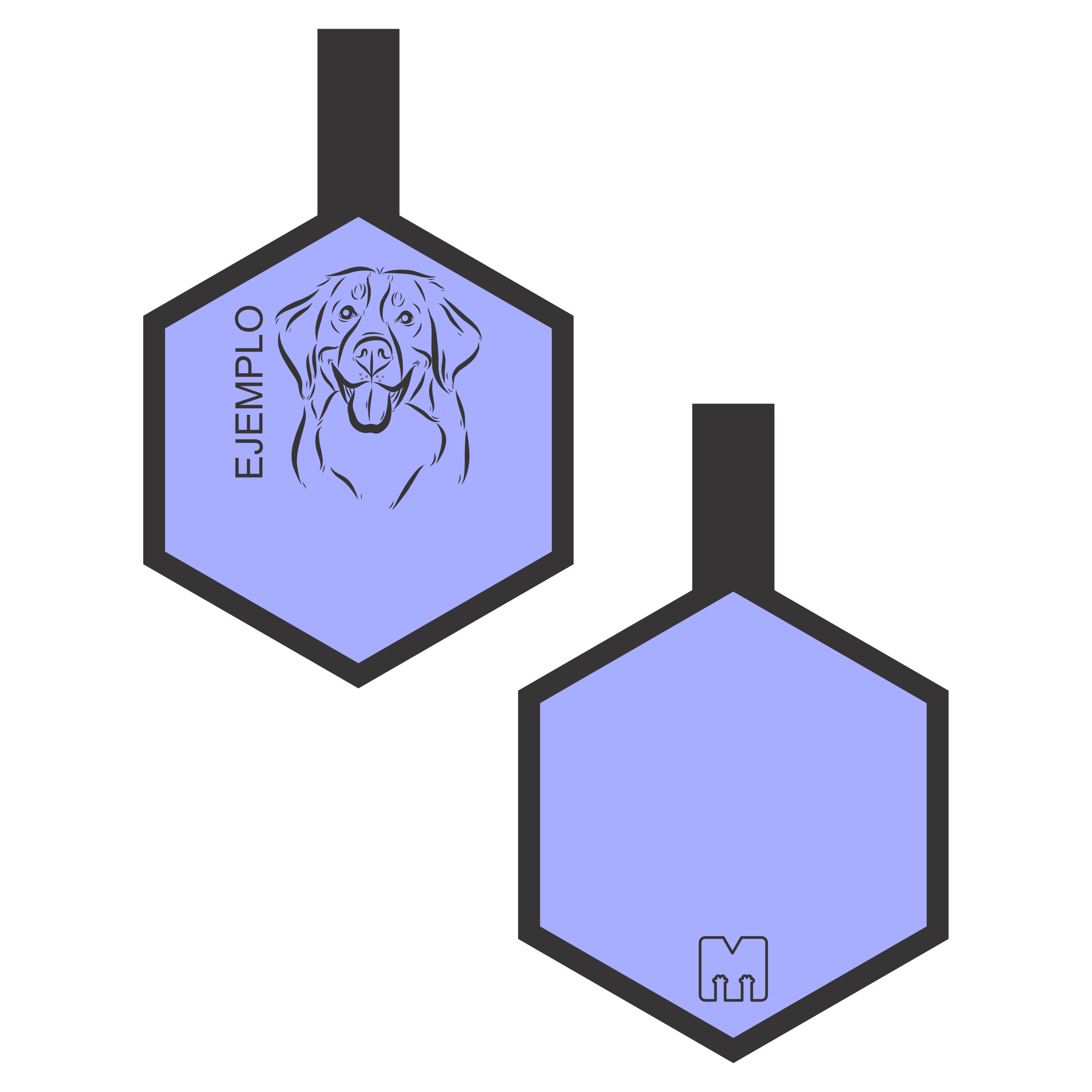 Placa de identificacion para mascotas lila con ilustracion personalizada en forma de hexagono