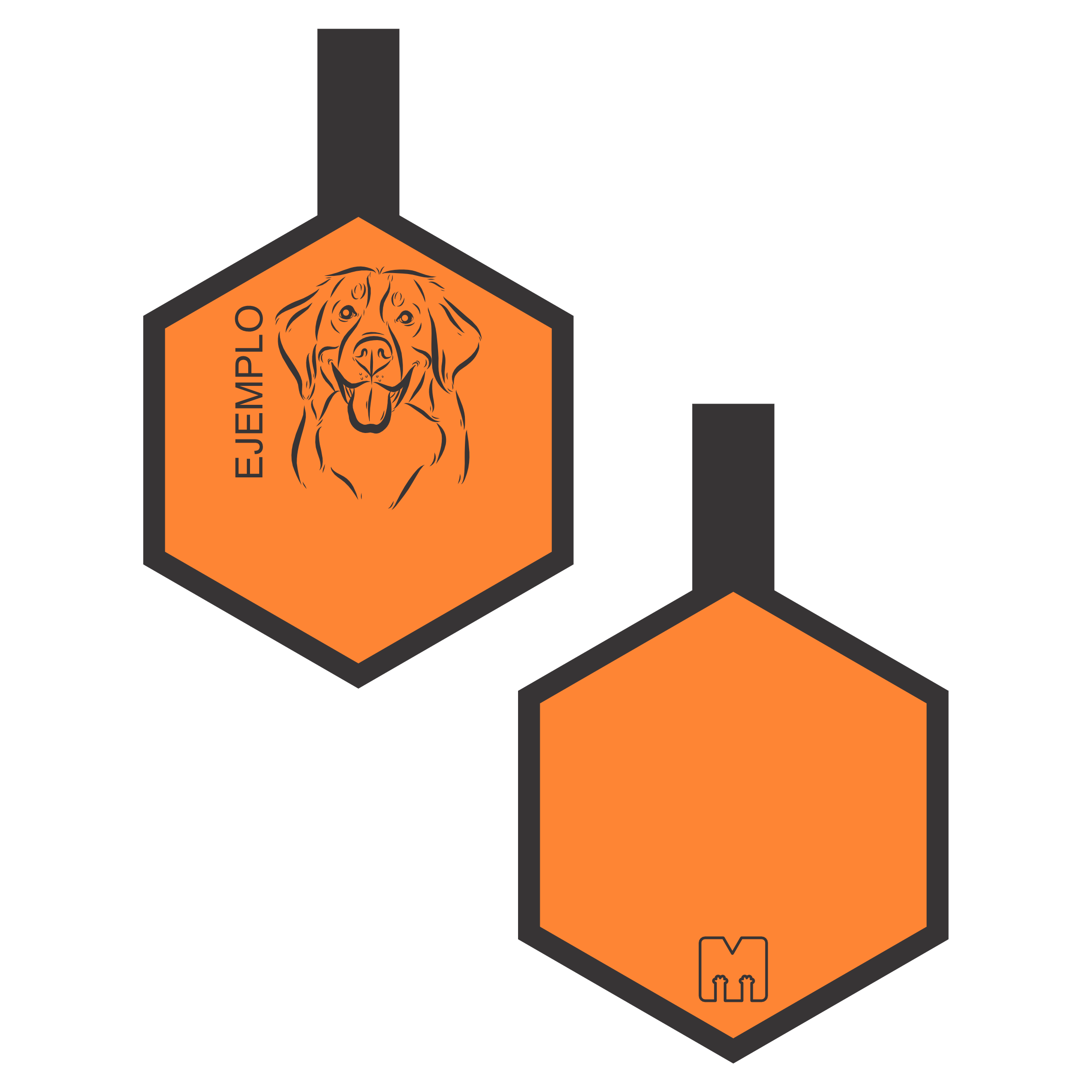 Placa de identificacion para mascotas naranja con ilustracion personalizada en forma de hexagono.