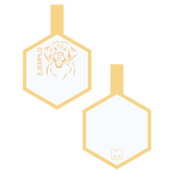Placa de identificacion para mascotas naranja con ilustracion personalizada en forma de hexagono